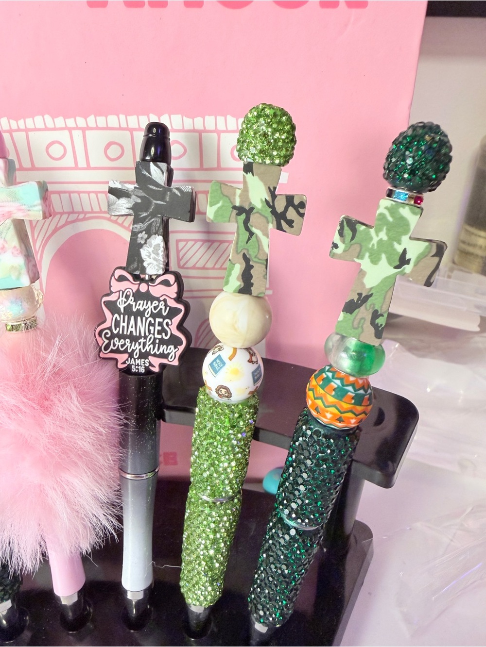 Sparkle Cross Pen Set with Pink Fur Accent - Picture 3 of 4
